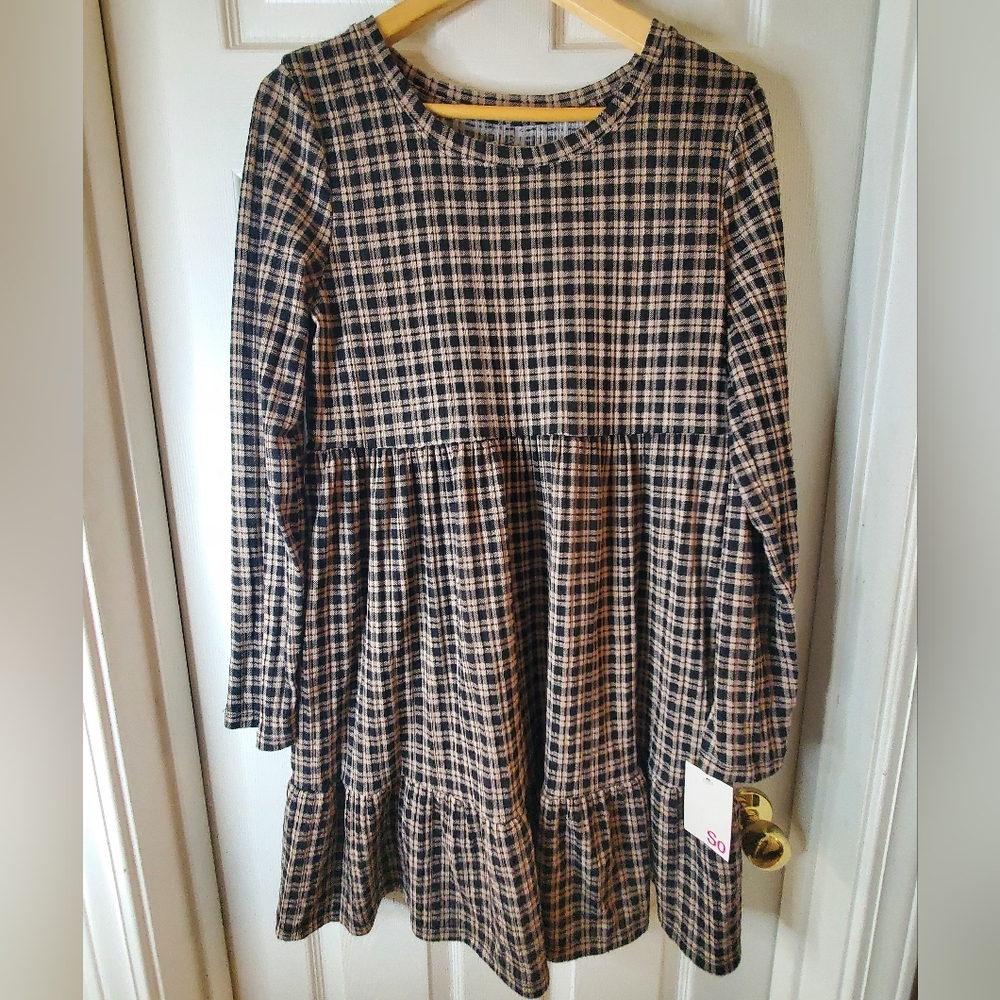 NWT So Womens Size L Taupe/Black Plaid Stretch Rib Knit Babydoll Dress